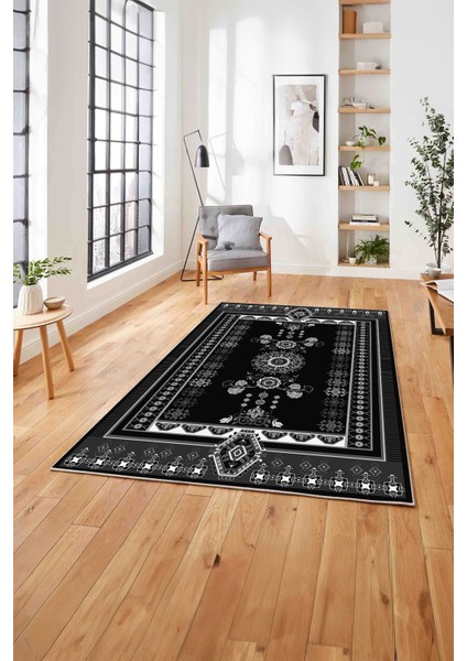 Baskılı Etnik Geleneksel Model Yıkanabilir Kaymaz Yolluk Mutfak Salon Halısı, Etnik-29-Siyah,