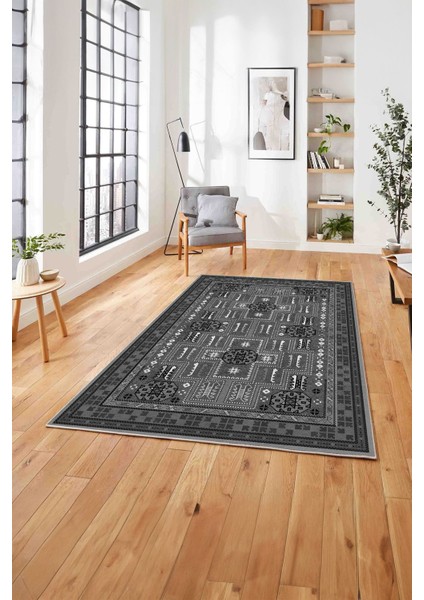 Baskılı Etnik Çerçeveli Geleneksel Yıkanabilir Kaymaz Yolluk Mutfak Salon Halısı, Etnik-49-Gri,