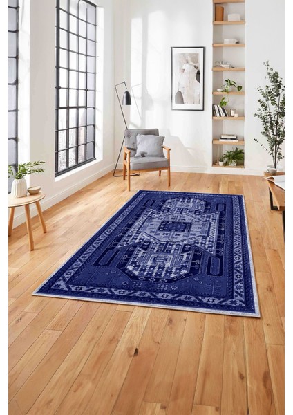 Etnik Desen Dekoratif Baskılı Yıkanabilir Kaymaz Yolluk Mutfak Salon Halısı, Etnik-32-Lacivert,