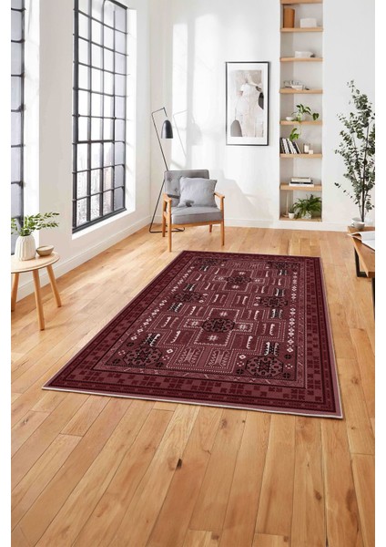 Baskılı Etnik Çerçeveli Geleneksel Yıkanabilir Kaymaz Yolluk Mutfak Salon Halısı, Etnik-49-Bordo,