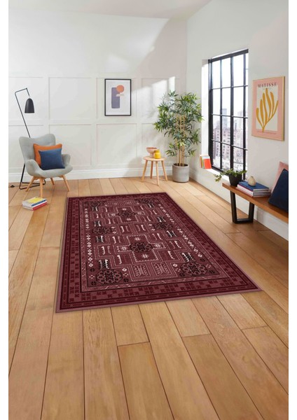 Baskılı Etnik Çerçeveli Geleneksel Yıkanabilir Kaymaz Yolluk Mutfak Salon Halısı, Etnik-49-Bordo, modelleri
