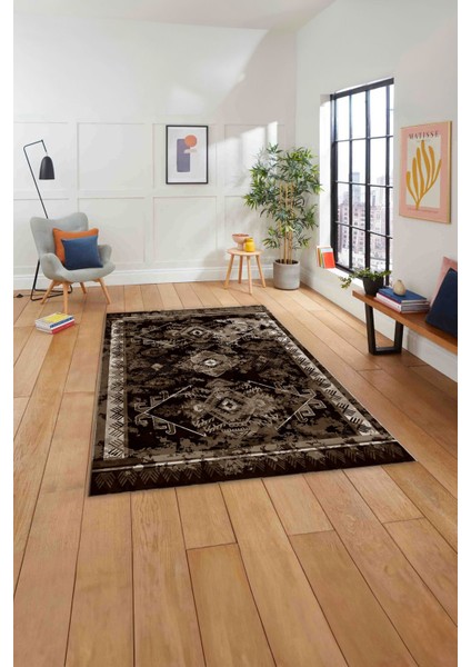 Baskılı Etnik Iskandinav Model Yıkanabilir Kaymaz Yolluk Mutfak Salon Halısı, Etnik-50-Kahve,