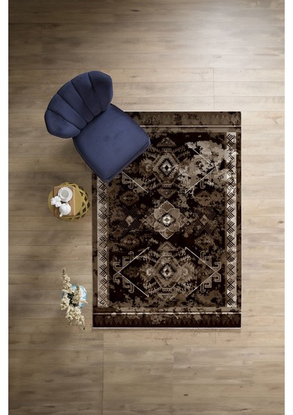 Baskılı Etnik Iskandinav Model Yıkanabilir Kaymaz Yolluk Mutfak Salon Halısı, Etnik-50-Kahve,