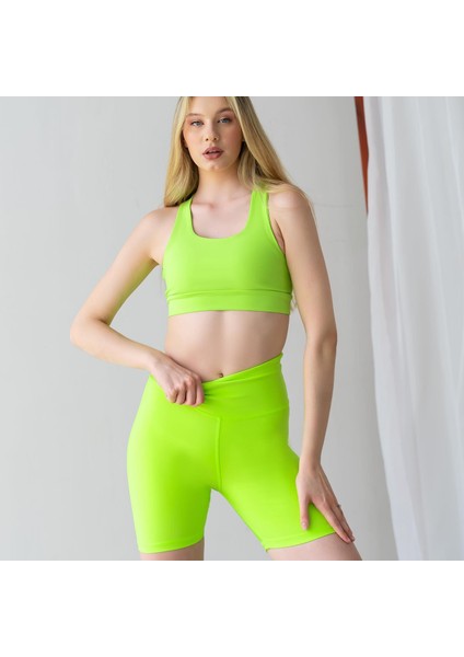 Neon Yeşil Arkası Büzgülü ( Scrunch Butt ) Spor Midi Şort Tayt indirimleri