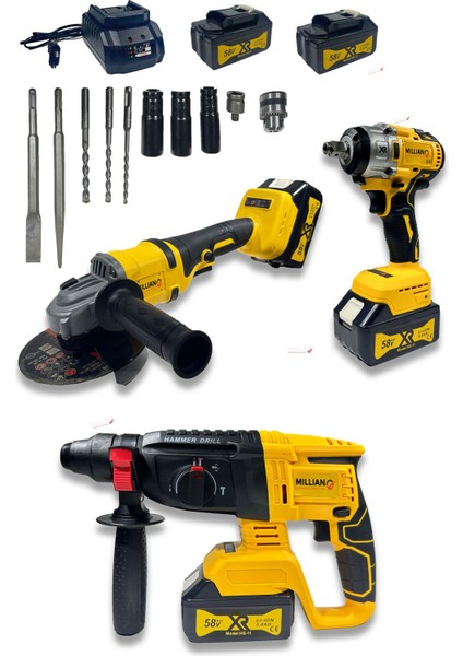 Profesyonel Şarjlı Çift Akülü Üçlü Set Spiral Taşlama + Somun Sıkma Sökme + Kırıcı Hilti