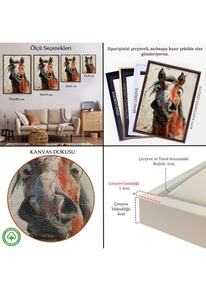 - Çerçeveli Sevimli At Portre TABLOSU-7853