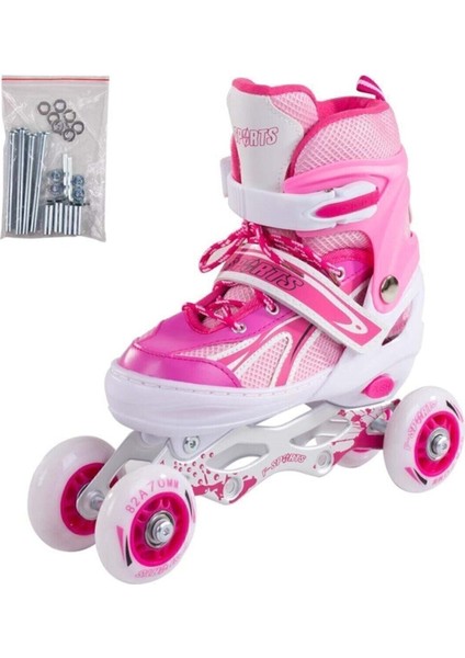 Pembe Ayarlanabilir 2+2 Işıklı Metal Alıştırma Pateni Çanta Hediyeli