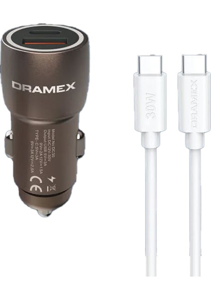 DC30T 3.1A 30W Pd Q.c. 3.0 1mt Type-C - Type-C Kablolu 1xtype-C + 1xusb-A Port Çıkışlı Hızlı Araç Şarj Cihazı - Kahverengi