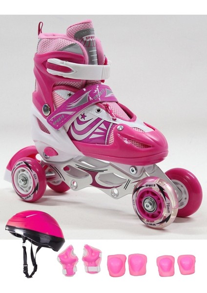 Pembe Ayarlanılabilir 2+2 Işıklı Metal Alıştırma Pateni Çanta Hediyeli Işıklı Paten