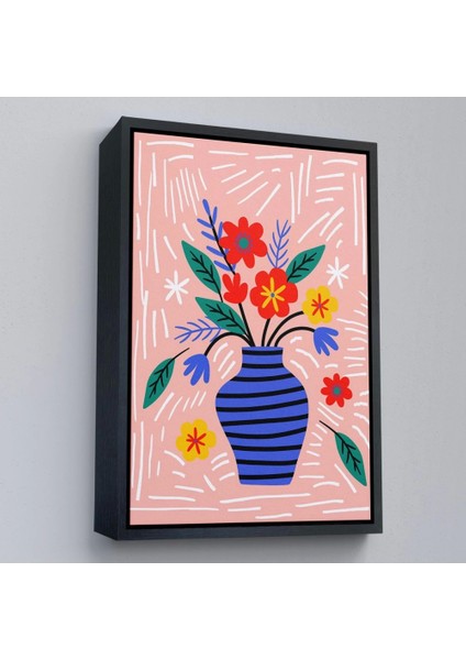 - Çerçeveli Minimalist Çiçek Mavi Vazoda Renkli Buket TABLOSU-7662