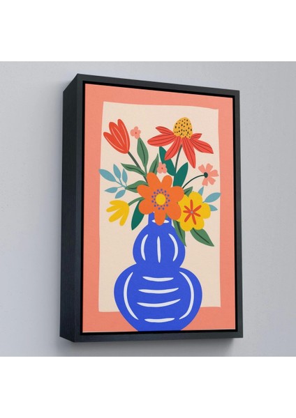 - Çerçeveli Minimalist Çiçek Mavi Vazoda Renkli Buket TABLOSU-7666
