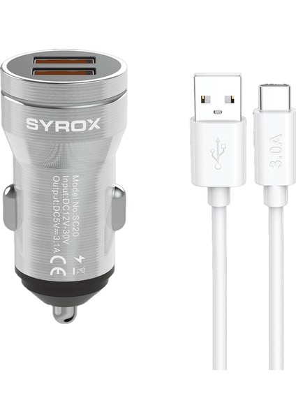 SC20T 3.1A Q.c. 3.0 1mt Usb-A - Type-C Kablolu 2xusb-A Port Çıkışlı Hızlı Araç Şarj Cihazı - Gri