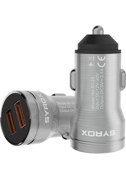 SC20T 3.1A Q.c. 3.0 1mt Usb-A - Type-C Kablolu 2xusb-A Port Çıkışlı Hızlı Araç Şarj Cihazı - Gri fiyatları