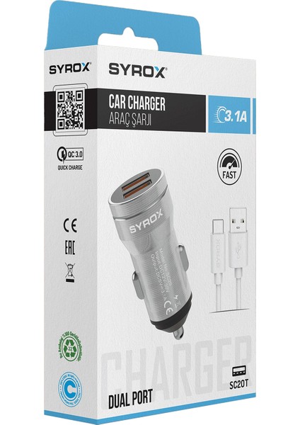 SC20T 3.1A Q.c. 3.0 1mt Usb-A - Type-C Kablolu 2xusb-A Port Çıkışlı Hızlı Araç Şarj Cihazı - Gri modelleri