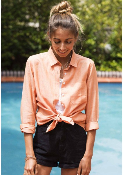 Kadın Gömlek Relax Fit Pamuk Keten (Turuncu) modelleri