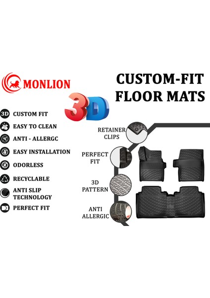 Kıa Ev6 2022-2025 Için Monlion Paspaslar 3D Özel Fit Kauçuk Paspasları 1. ve 2. Sıra Siyah