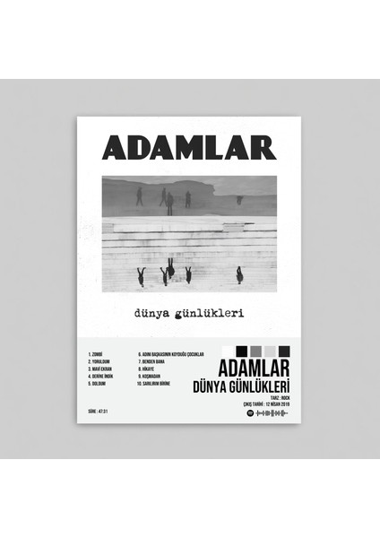 Adamlar - Dünya Günlükleri Albüm Albüm Spotify Çerçevesiz Tasarım Poster