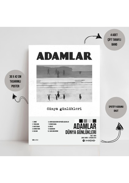 Adamlar - Dünya Günlükleri Albüm Albüm Spotify Çerçevesiz Tasarım Poster