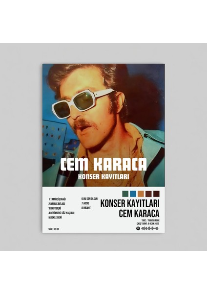 Cem Karaca - Konser Kayıtları Albüm Spotify Çerçevesiz Tasarım Poster