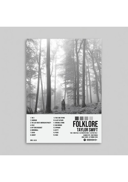 Taylor Swift - Folklore Albüm Spotify Çerçevesiz Tasarım Poster