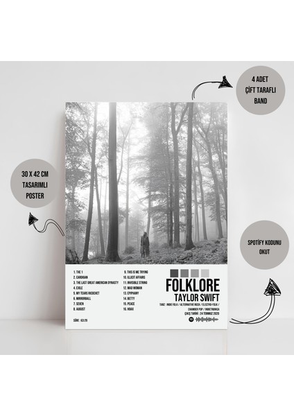 Taylor Swift - Folklore Albüm Spotify Çerçevesiz Tasarım Poster