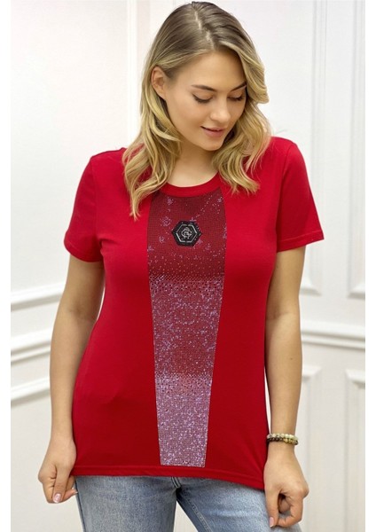 Bisiklet Yaka Crystal Taşlı Büyük Beden Plus Size Pamuk Şık Rahat Siyah Kadın T-Shirt