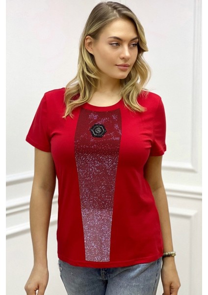 Bisiklet Yaka Crystal Taşlı Büyük Beden Plus Size Pamuk Şık Rahat Siyah Kadın T-Shirt fiyatları