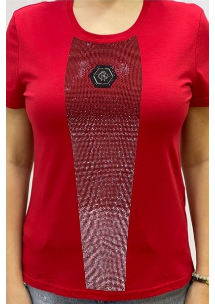 Bisiklet Yaka Crystal Taşlı Büyük Beden Plus Size Pamuk Şık Rahat Siyah Kadın T-Shirt modelleri