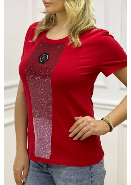 Bisiklet Yaka Crystal Taşlı Büyük Beden Plus Size Pamuk Şık Rahat Siyah Kadın T-Shirt fırsatları