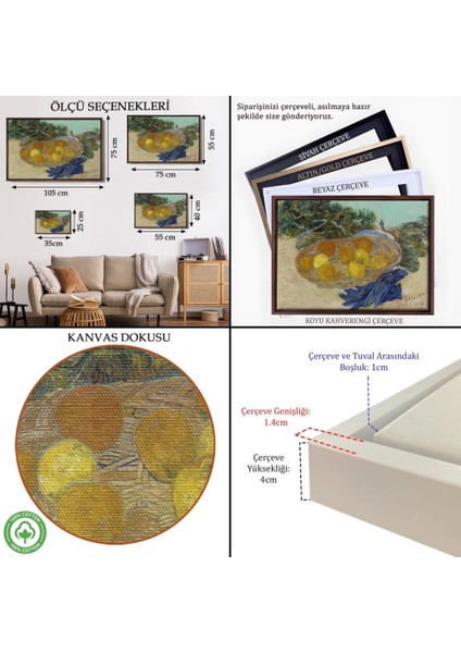 - Çerçeveli Vincent Van Gogh - Mavi Eldivenli Portakal ve Limonların Natürmortu TABLOSU-7188