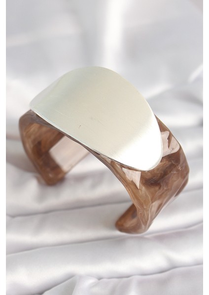 Kahverengi Mermer Desen Akrilik Plastik Gümüş Oval Plaka Model Vintage Kadın Bilezik