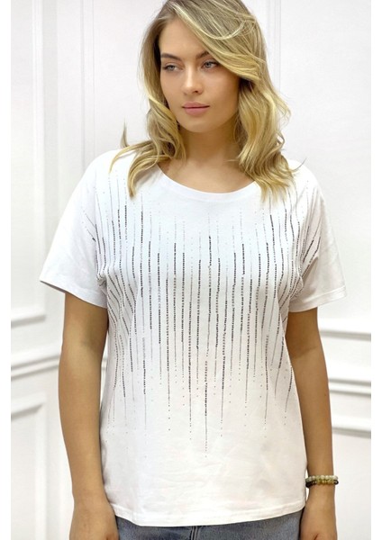 Bol Kesim Bisiklet Yaka Büyük Beden Crystal Taşlı Kadın T-Shirt fiyatları