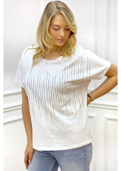 Bol Kesim Bisiklet Yaka Büyük Beden Crystal Taşlı Kadın T-Shirt modelleri