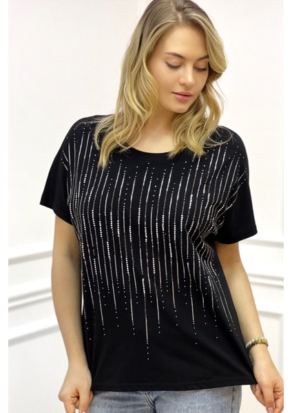 Bol Kesim Bisiklet Yaka Büyük Beden Crystal Taşlı Kadın T-Shirt modelleri