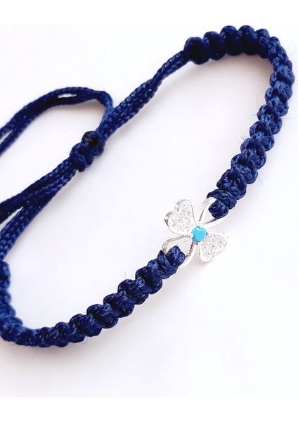 Gümüş Yonca Şans Mavi Ip Tasarım Kadın Bileklik Sevgililer Günü Hediye