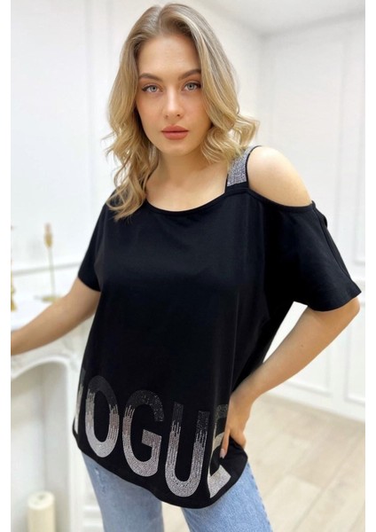 Bol Kesim Büyük Beden Tek Omzu Açık Askılı Crystal Taşlı Şık Rahat Beyaz Kadın Pamuk T-Shirt