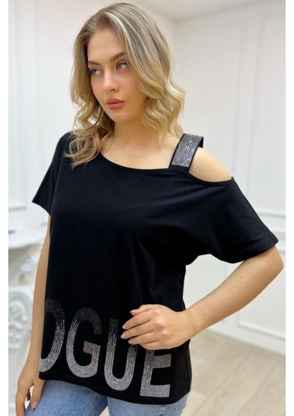 Bol Kesim Büyük Beden Tek Omzu Açık Askılı Crystal Taşlı Şık Rahat Beyaz Kadın Pamuk T-Shirt