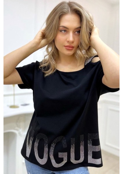 Bol Kesim Büyük Beden Tek Omzu Açık Askılı Crystal Taşlı Şık Rahat Beyaz Kadın Pamuk T-Shirt