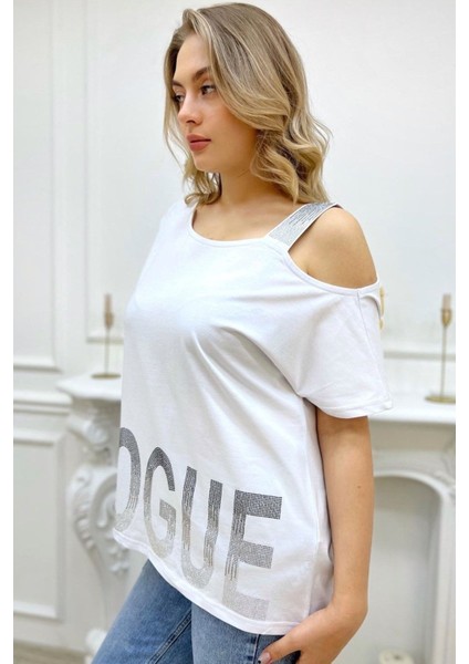 Bol Kesim Büyük Beden Tek Omzu Açık Askılı Crystal Taşlı Şık Rahat Beyaz Kadın Pamuk T-Shirt