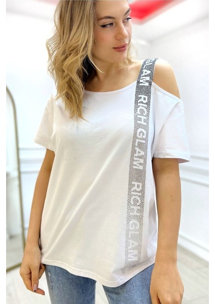 Bol Kesim Büyük Beden Tek Omzu Açık Crystal Taşlı Kadın Kısa Kol Pamuk Beyaz T-Shirt