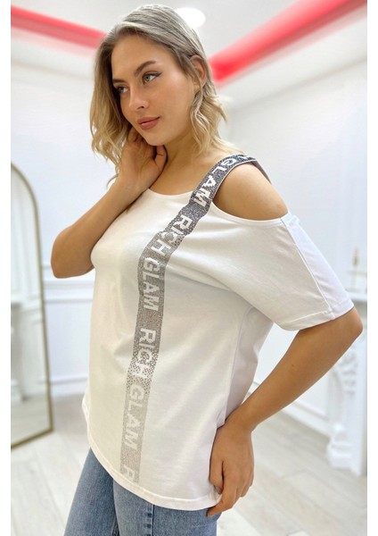 Bol Kesim Büyük Beden Tek Omzu Açık Crystal Taşlı Kadın Kısa Kol Pamuk Beyaz T-Shirt fiyatları