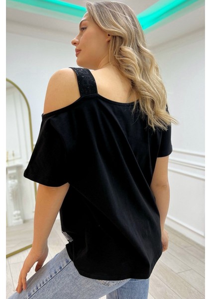 Bol Kesim Büyük Beden Tek Omzu Açık Crystal Taşlı Kadın Kısa Kol Pamuk Beyaz T-Shirt fiyatları