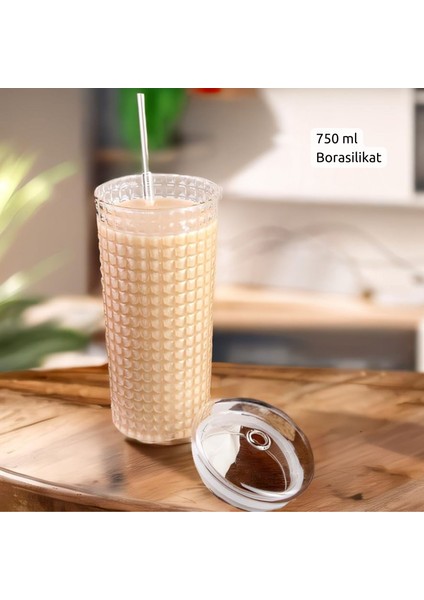 Kapaklı ve Cam Pipetli 750ML Cam Bardak – Borosilikat Cam, Yeniden Kullanılabilir, Smoothie, Buzlu Kahve, Çay ve Soda Için Şık Cam Bardak