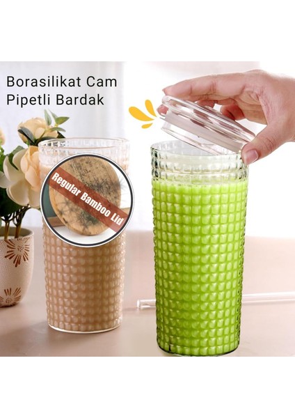 Kapaklı ve Cam Pipetli 750ML Cam Bardak – Borosilikat Cam, Yeniden Kullanılabilir, Smoothie, Buzlu Kahve, Çay ve Soda Için Şık Cam Bardak