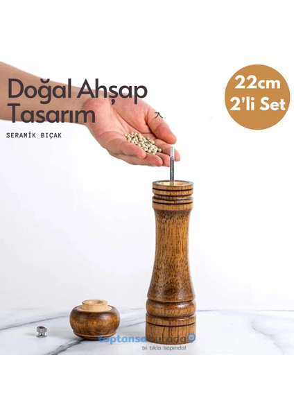 2li Set Baharat Öğütücü Premium Doğal Ahşap Değirmen Karabiber Tuz Kahve Tuzluk Biberlik 2li Set Tabaklı 22CM indirimleri