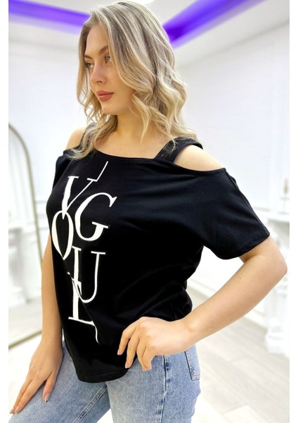 Bol Kesim Omuzları Açık Baskılı Crystal Taşlı Büyük Beden Şık Pamuk Kadın T-Shirt indirimleri