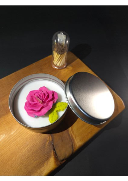 Doğal Soya Wax Dekoratif Teneke Mum (Yapraklı Gül)