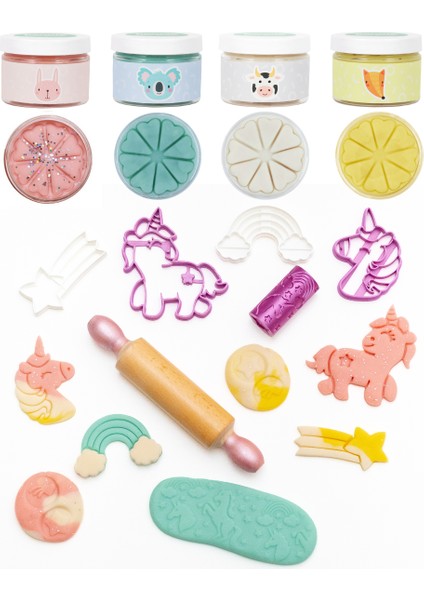 Doğal Oyun Hamuru Unicorn Dream Set 4*150GR, Kalıp, Damga Roller, Ahşap Mini Merdane
