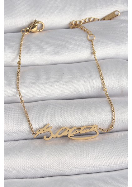 316L Çelik Gold Renk Atatürk Imza Model Kadın Bileklik - TJ-BB6659