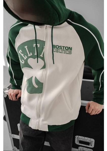 Celtıc Boston Yeşil Füme Celtıc Boston Yeşil Beyaz 3 Iplik Şardonlu Kapüşonlu Sweat Kaliteli Kışlık Fermuarlı Hırka
